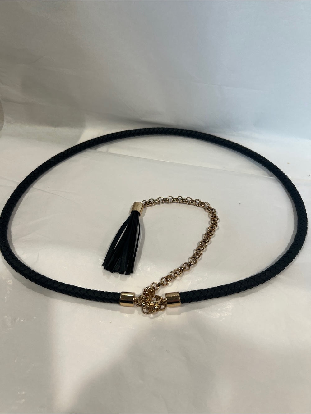 Womenβs Black Braided Leather Belt with Gold Chain and Tassel